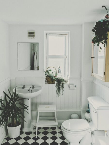white bathroom with window and plants