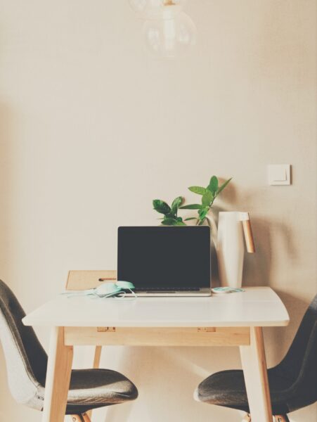 Lunch break work desk with computer and chairs