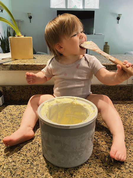Baby eating homemade vanilla ice cream with simple, whole-food ingredients